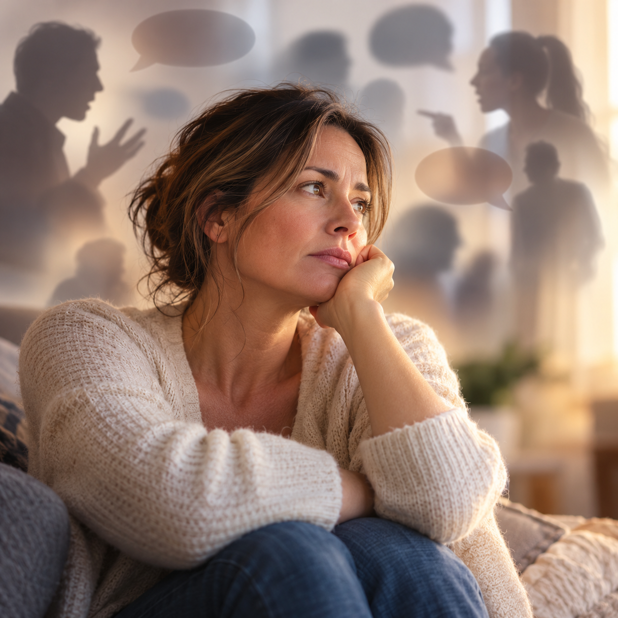 Femme pensive près d'une fenêtre après une remarque qui l'a touchée.